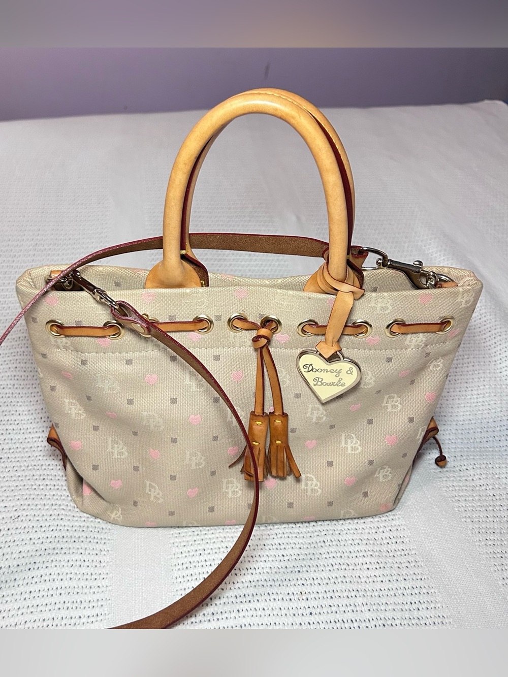 Y2K Vintage Dooney & Bourke Tan Canvas Satchel with Pink Hearts Leather Trim
